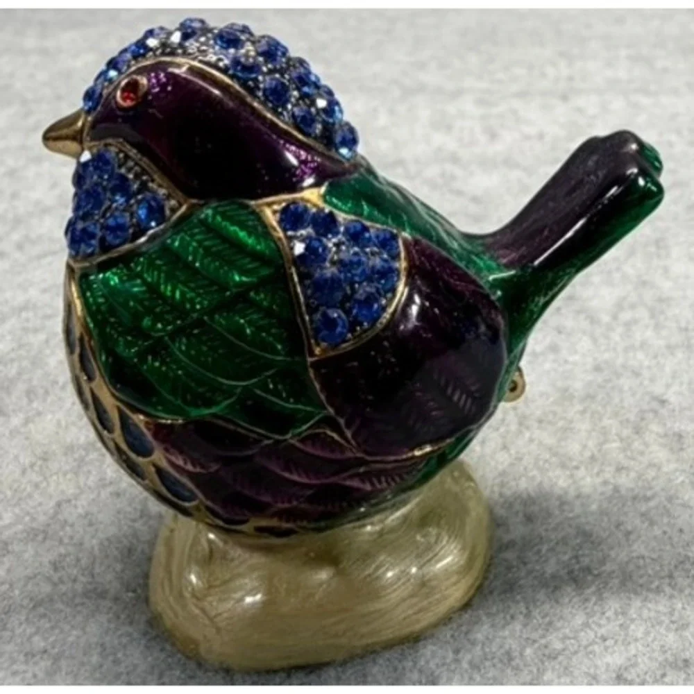 Enamel Bird Trinket Box Jeweled Rhinestone Hinged Collectible Purple Green Gold